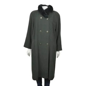 Vintage Long Lambswool Coat Faux Fur Collar Green Black Wool Blend